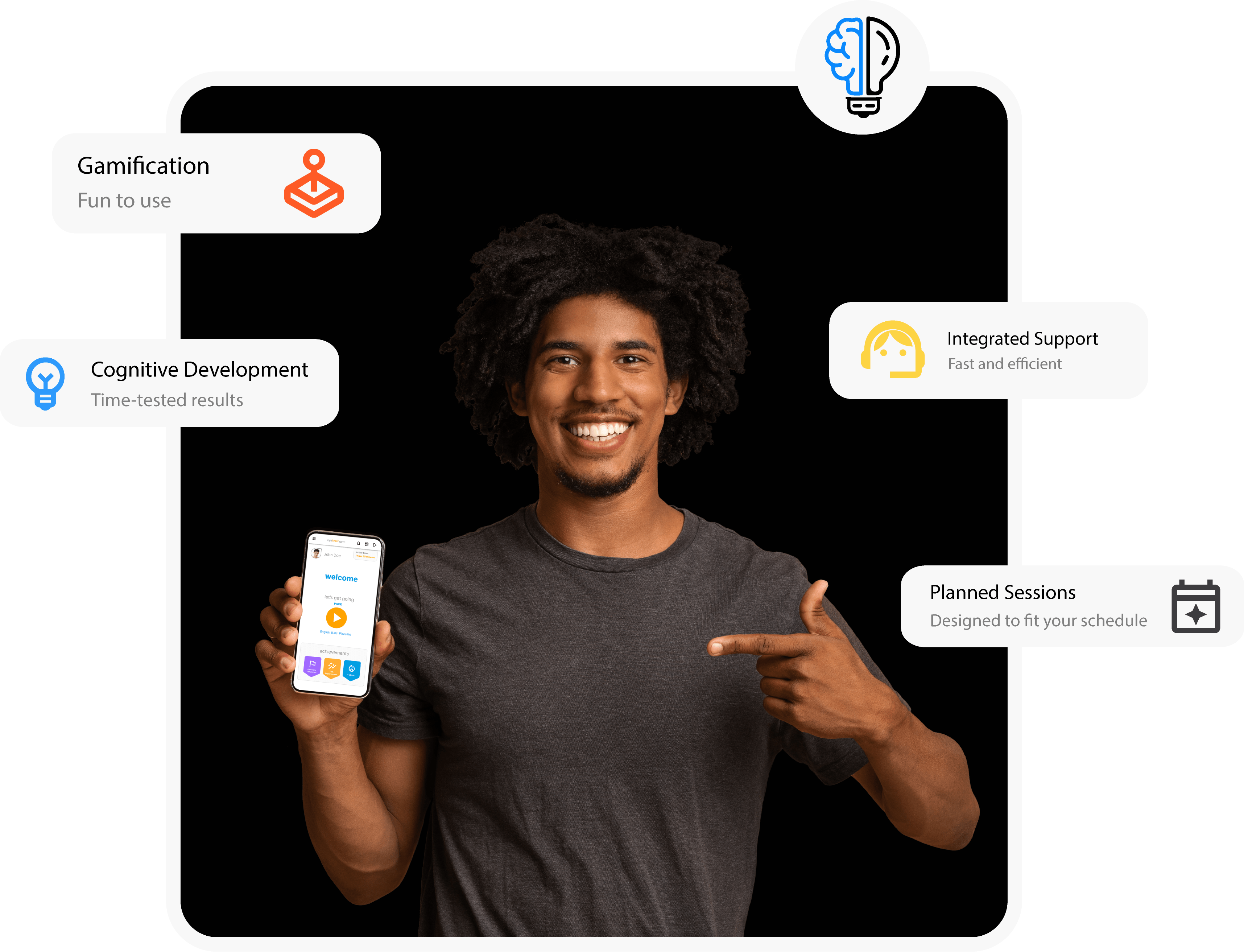 Illustration of young person holding a phone with eyebraingym