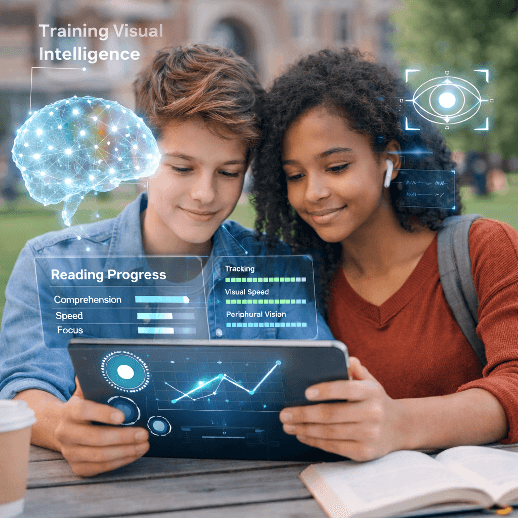 Students with digital brain illustration